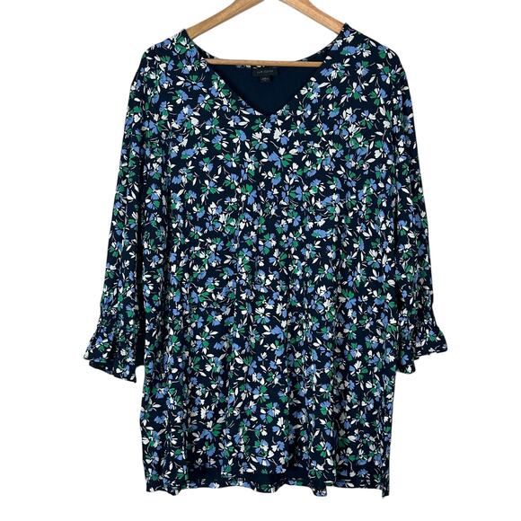 J. Jill Tunic Top Womens XL Blue Floral 3/4 Sleeve Boho Casual Cottagecore - Picture 1 of 5
